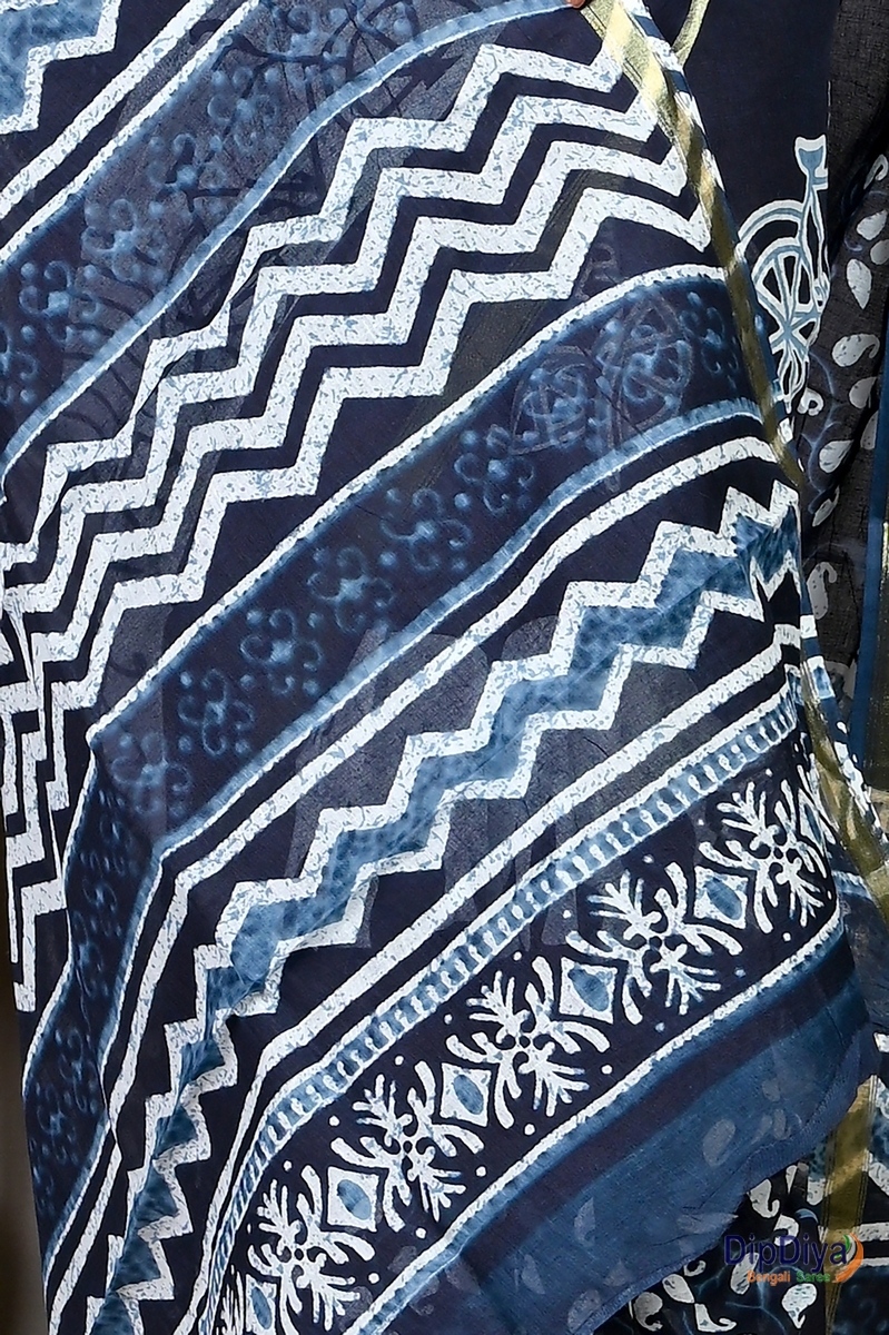 Blue White Cotton Soumava Printed Handloom Saree (589)